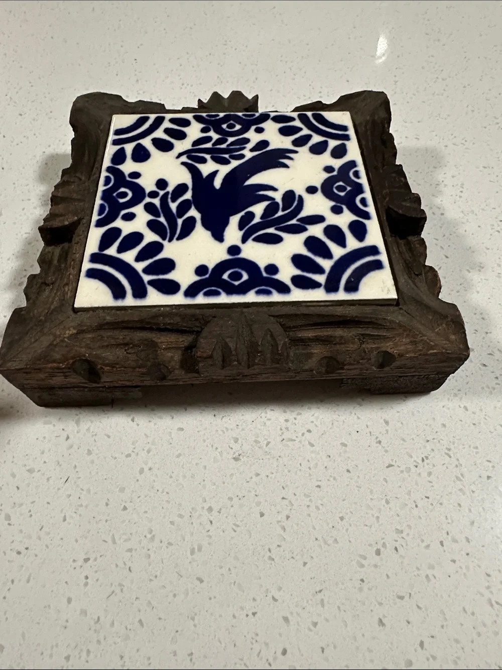 Handmade Blue and White Ceramic Tile Trivet with Carved Wooden Frame